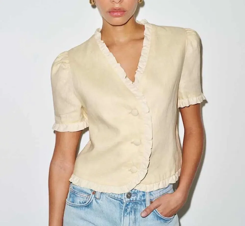 Reformation Bess Linen Top Women’s XS Cream Beige Preppy Short Sleeve $168
